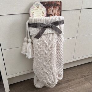 Shabby Chic Cream Knit Stocking with Gray Bow